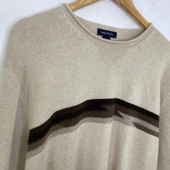 Nautica Y2K 9s Sweater Men Large Cream Striped Long Sleeve Wool Blend Crewneck - Picture 4 of 6